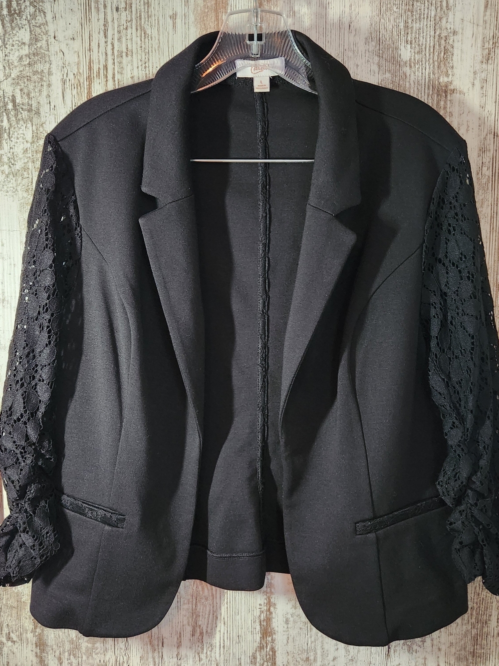 Candie’s Black Open Front Blazer w/ Sheer Lace 3/4 Sleeves - Size L